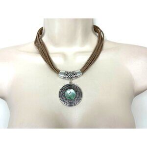 ST. THOMAS TEAL CRYSTAL MEDALLION‎ CORDED NECKLACE Jewelry Beaded Fall Wedding